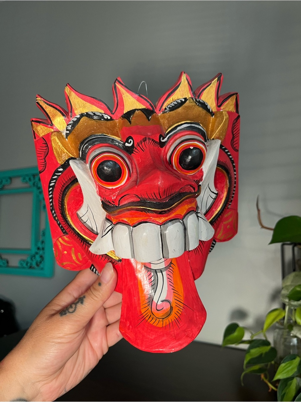 Mythology wooden mask Godess Rangda from Indonesia hand carved